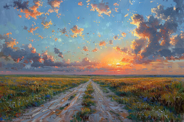  A beautiful painting of the sunset over an open field with dirt roads, style oil on canvas, detailed sky and clouds. Created with Ai