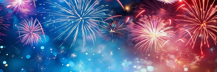 Fototapeta premium 4th of July white red and blue scenic fireworks in the sky
