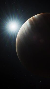Realistic 3D animation of Jupiter and its moon Io, Europa, Ganymede or Callisto rotating in dark outer space. Sun, stars and galaxies on background. Solar system planet. Vertical shot