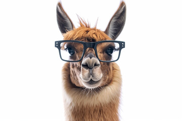 llama as a programmer, in dark glasses, white background, isolated