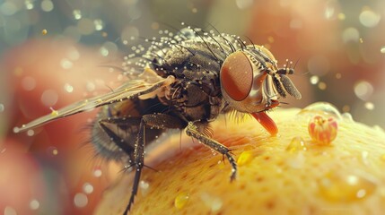 A photorealistic image of a fly perched on a fruit, its compound eyes reflecting the details of the surroundings and its fuzzy body dusted with pollen. 