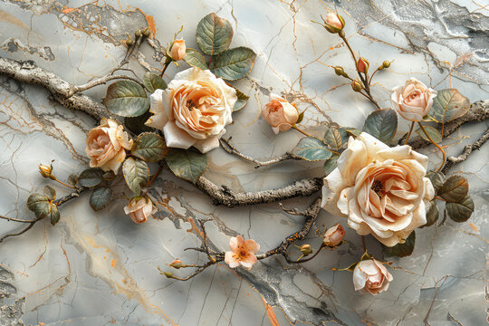  3D wallpaper with roses, vintage style floral background with beige rose flowers in the style of grunge wall. Created with Ai