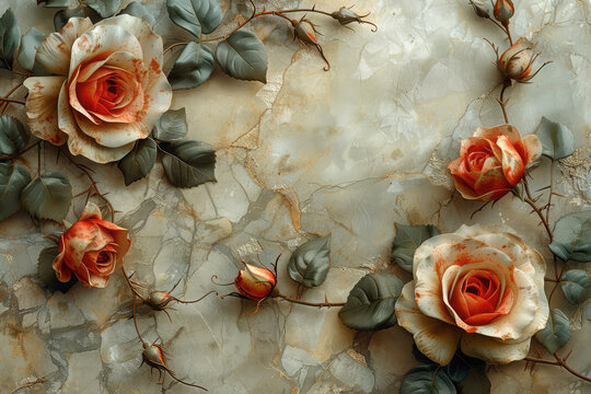  3D wallpaper wall background with roses and leaves, vintage painting in the style of on grunge texture canvas,. Created with Ai