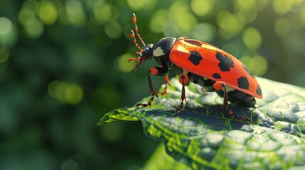 A photo of a colorful insect, like a ladybug or butterfly, perched on a textured leaf concept 
