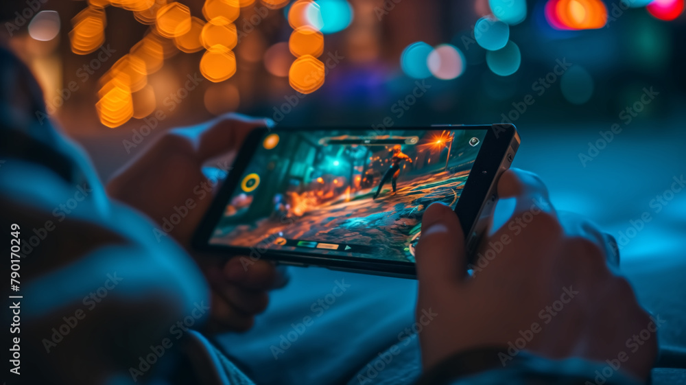 Aufkleber person playing an action game on a smartphone in a low-light environment with bokeh lights in the ba