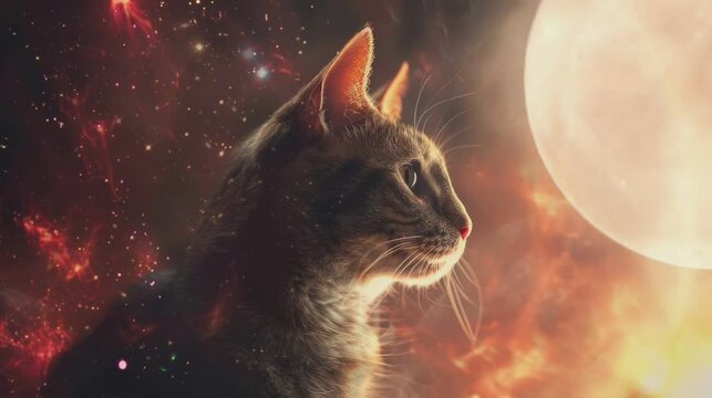 cat in space looking at the moon . seamless looping time-lapse virtual video Animation Background.