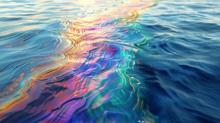 A photorealistic close-up of an oil spill on the surface of the ocean, creating a rainbow sheen that conceals the destruction beneath. - obrazy, fototapety, plakaty