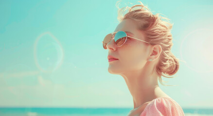 A beautiful woman wearing sunglasses and a pink dress standing on the beach