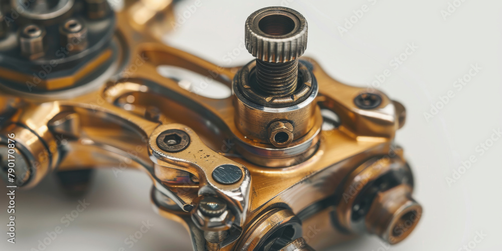 Poster close-up of a metallic mechanical part with gears and screws, possibly from machinery or a bicycle c