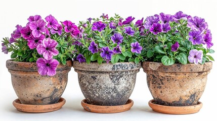 Three flowering petunias in rustic terracotta pots on a white background