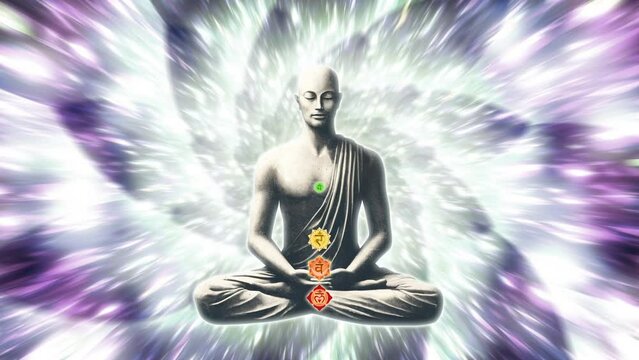 Yogi Sitting in Lotus Position with Chakras and Muladhara Root Chakra Animation