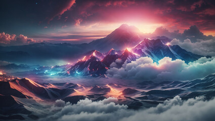 A mountain range at sunset with clouds and a starry sky