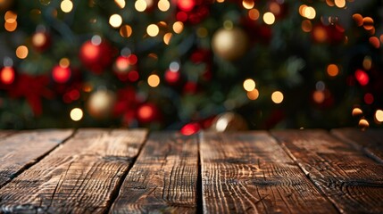 Close-up of wooden table with background Christmas lights - Powered by Adobe