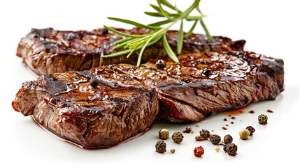 Freshly cooked fragrant steak on a white background.