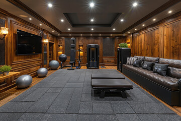A photo of the basement gym area with grey walls, white ceiling and beige carpeting. Created with Ai
