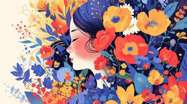 Illustration of a woman s face surrounded by vibrant flowers in a graphic design available in 2d format as 