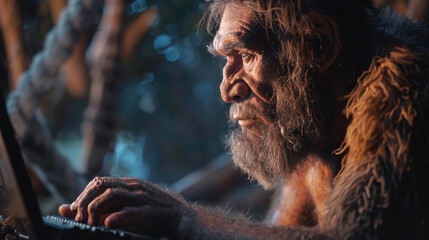 Neanderthal man at the computer. Extinct species.