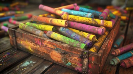 Fototapeta na wymiar A photorealistic image of a vintage wooden box overflowing with a rainbow assortment of well-loved crayons, some broken and chipped.