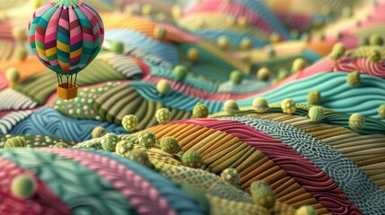 A playful papercut landscape of a hot air balloon floating over a colorful patchwork quilt of fields, each patch meticulously cut from different colored paper.