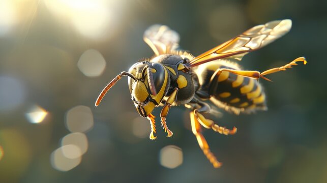 A photorealistic image of a wasp in mid-flight, its stinger extended and its transparent wings a blur of motion.