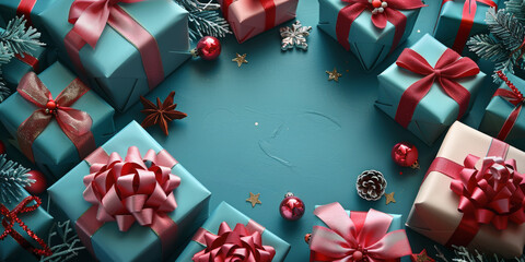 Several wrapped gifts with ribbons, Christmas ornaments, and pine branches on a blue background, arranged in a festive setting.