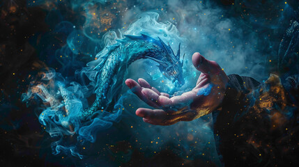  Mystical blue dragon of smoke and fog. symbol of the new year. Mystical dragon closeup view. - obrazy, fototapety, plakaty