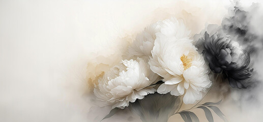 Peonie, białe kwiaty akwarela. Ilustracja, wiosenna kwiatowa dekoracja, obraz na ściane. Motyw kwiatowy. - obrazy, fototapety, plakaty