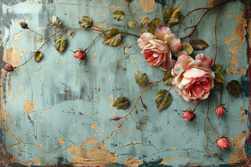 A painted backdrop of distressed teal with pink roses and green leaves, in the shabby chic style .Created with Ai