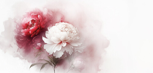 Tło kwiaty, czerwona i biała peonia. Jasne puste miejsce na tekst, zaproszenie. Ilustracja motyw kwiatowy