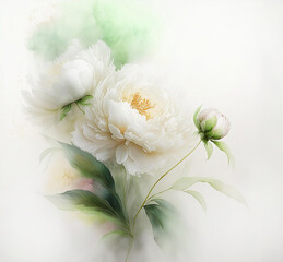 Peonie, białe kwiaty akwarela. Ilustracja, wiosenna kwiatowa dekoracja, obraz na ściane. Motyw kwiatowy na białym tle - obrazy, fototapety, plakaty