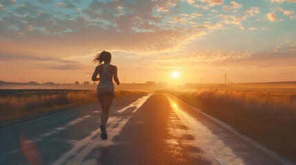 Athlete woman runner training run on the road. Morning jogging for a healthy lifestyle under the sunrise sky. Cardio exercise. Fit girl training for a marathon. Active lifestyle.