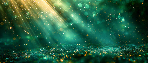 Asymmetric green light burst, abstract beautiful rays of light on a dark green background with the color of green and yellow, golden green sparkling backdrop with copy space.