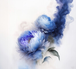 Peonie, niebieskie kwiaty akwarela na białym tle. Ilustracja, wiosenna kwiatowa dekoracja, obraz na ściane. Motyw kwiatowy - obrazy, fototapety, plakaty