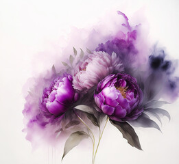 Peonie, fioletowe kwiaty akwarela. Ilustracja, wiosenna kwiatowa dekoracja, obraz na ściane. Motyw kwiatowy. Bukiet kwiatów, abstrakcja - obrazy, fototapety, plakaty