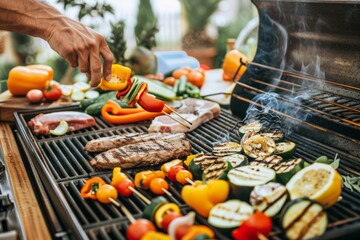Casual Grill Fest: Spicy and Smoked Meats Mixed with Fresh Marinated Vegetables in a Vibrant Outdoor BBQ Event