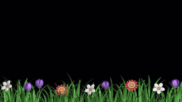 Cartoon grass and flowers on a transparent alpha channel