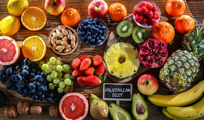 Food products representing the fruitarian diet