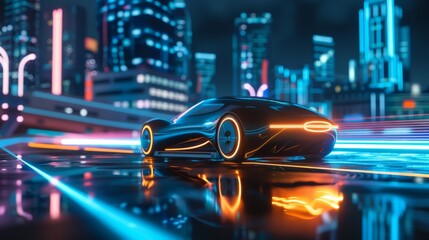 A sleek self-driving car with neon headlights and undercarriage lighting, navigating a futuristic cityscape at night. - obrazy, fototapety, plakaty