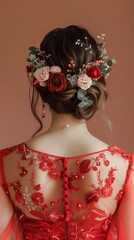 Young girl wearing red lace dress pretty crown flower hair on special moment, back view