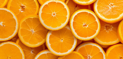 Fresh orange citrus fruit slices, closeup macro detail from above. Generative AI