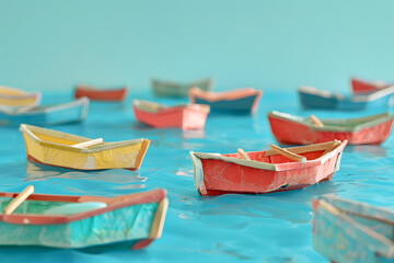 Obraz premium A collection of miniature boats made from recycled materials floating in a blue water basin, isolated on a conservation efforts aqua background for World Ocean Day
