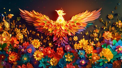 Fototapeta na wymiar A symbolic papercut scene of a phoenix rising from the ashes, its wings crafted from brightly colored paper flowers, representing rebirth and renewal.