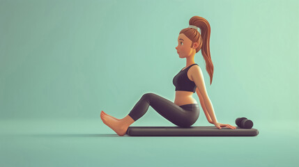 3d woman doing pilates isolated on green background. Horizontal layout. For yoga