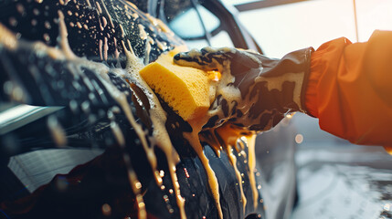 copy space, stockphoto, close up hands cleaning car with sponge and soap. Reducing water consumation. Sustainability concept. Environmental awareness, reducing water spill. Sustainability mockup.