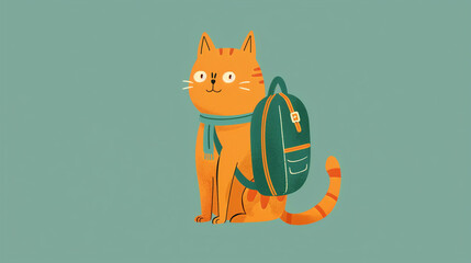 2d cat doodle illustration. For back to school stories. Kitten with a backpack.