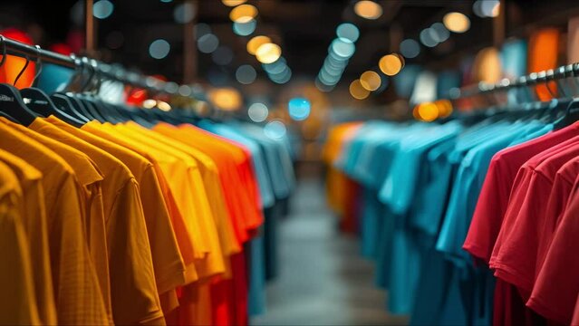Vibrant Array of T-Shirts on Display in a Modern Store. Concept Visual Merchandising, Retail Interior Design, Fashion Retail, T-Shirt Displays, Modern Store Layout