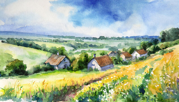 watercolor countryside landscape background green fields houses village backdrop