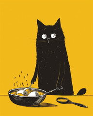2d cat frying eggs. Flat doodle. Learning to cook. Vertical illustration. Black and yellow
