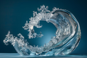 A glass sculpture of a wave encapsulating marine life, isolated on a deep sea conservation blue background, for World Ocean Day 