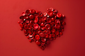 A heart created from various blood type symbols, isolated on a life-giving crimson background, for World Blood Donor Day